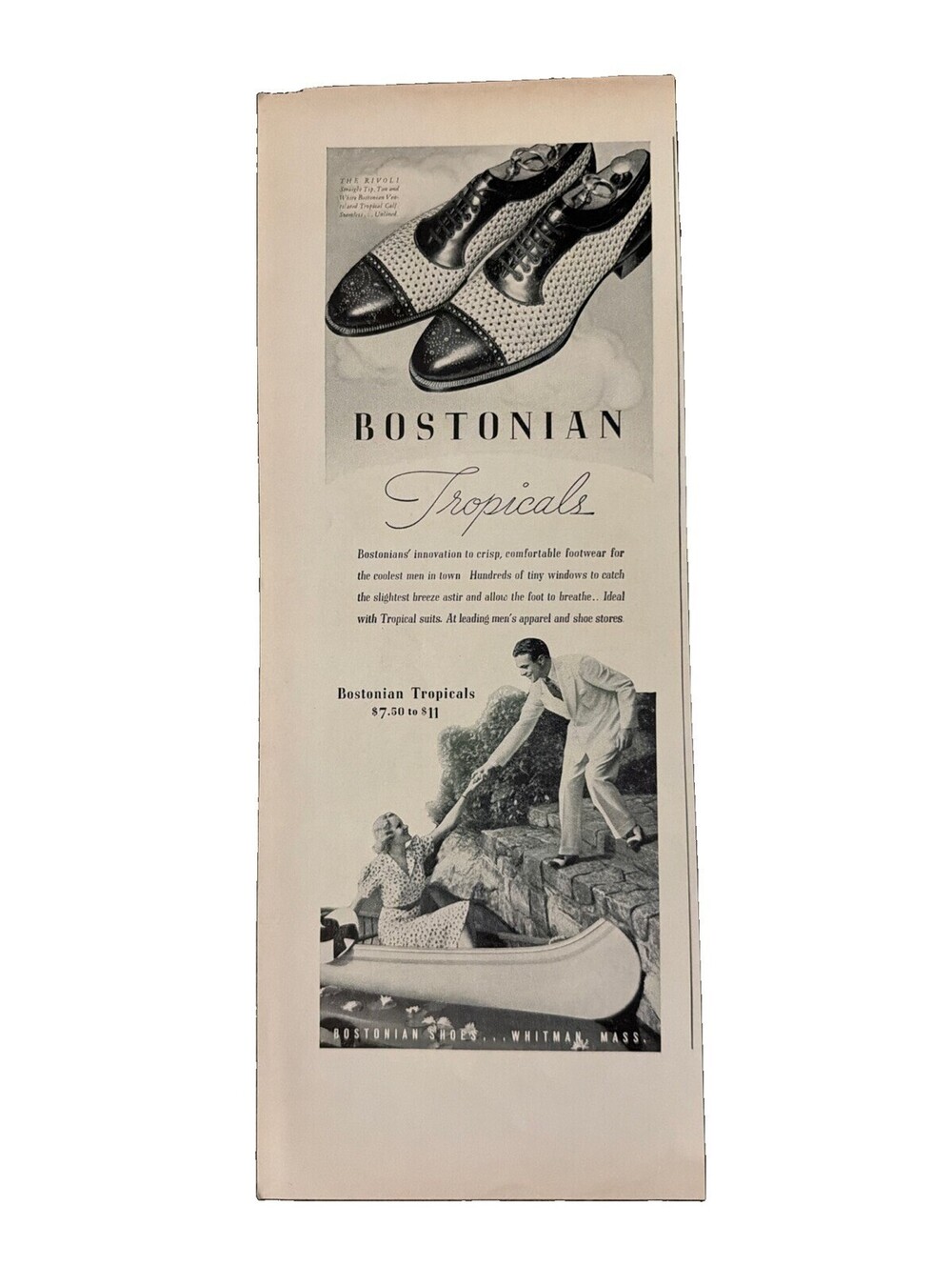 1938 Bostonian Tropical Shoes Print Ad Man Woman Canoe Attire Fashion Leather